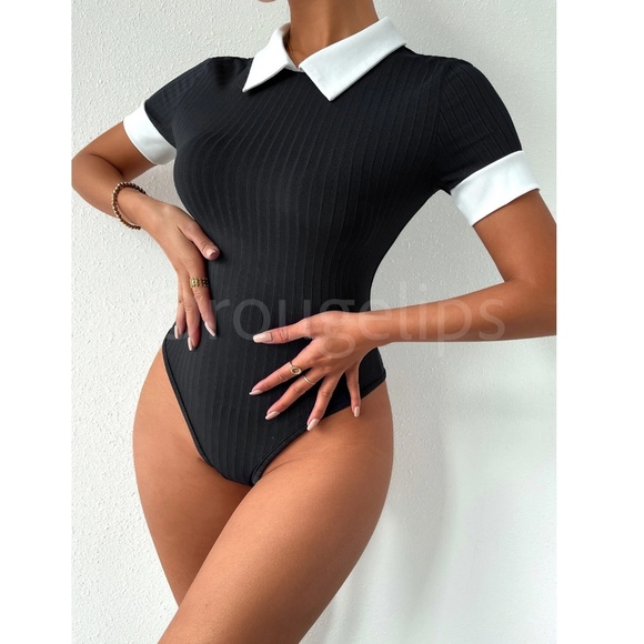 Contrast White Collar Black Rib-Knit Short Sleeve Bodysuit - Picture 6 of 8